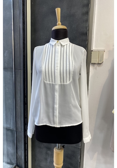 Pera Moda Önü Dantelli Küçük Ve Büyük Beden Şık Gömlek Beyaz