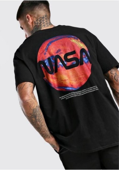 Flood Of Style Erkek Siyah Ateş Nasa Baskılı Oversize Tshirt