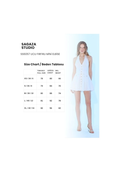Sagaza Studio Ss6057 Boyundan Bağlamalı Önden Düğmeli Etek Ucu Fırfırlı Mini Elbise Ekru