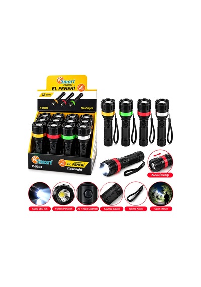Ksmart K-0384 Zoomlu El Feneri 3xaaa Pilli Renkli Plastik- 12'li Paket Çok Renkli