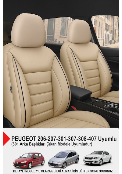 Jet Deri Oto Koltuk Kılıfı- Peugeot 206-207-208-306-307-407- Uyumlu Bej