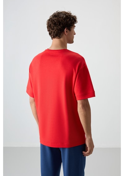 Tommy Life Fiesta-parlament Pamuklu Kalın Yumuşak Dokulu Oversize Fit Baskılı Erkek T-shirt - 88320 Kırmızı - Mavi