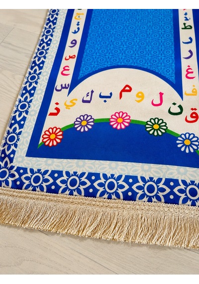 Çocuk Seccadesi 97x45 Cm Arapça Alfabeli Püsküllü Namaz Seccadesi Mavi