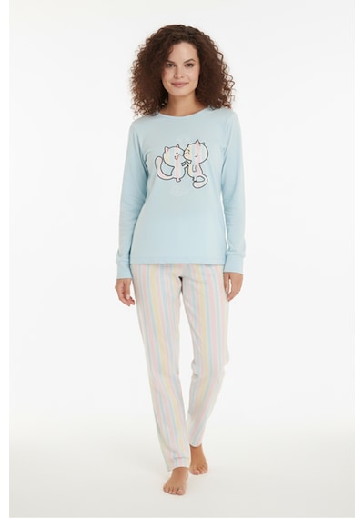 Luxury Thermal Gökkuşağı Kedi Desenli Kadın Polar Kışlık Pijama Takımı 42052 Çok Renkli
