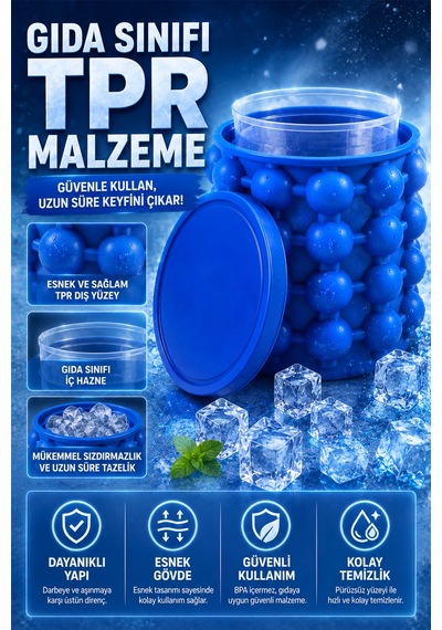 Çift Hazneli Buz Kovası İçecek Soğutucu Ice Cube Maker Genie Kapaklı Buzluk Haznesi Mavi