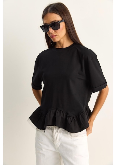 Shade Kadın Tül Detaylı Volanlı Oversize Basic T-shirt 8789 60286165 - Siyah