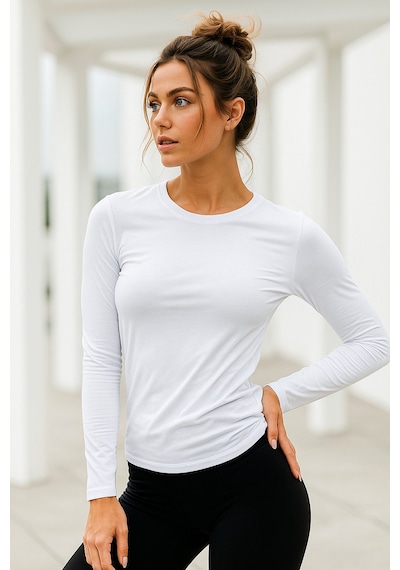 Kadın Beyaz Bisiklet Yaka Uzun Kollu Body Beyaz