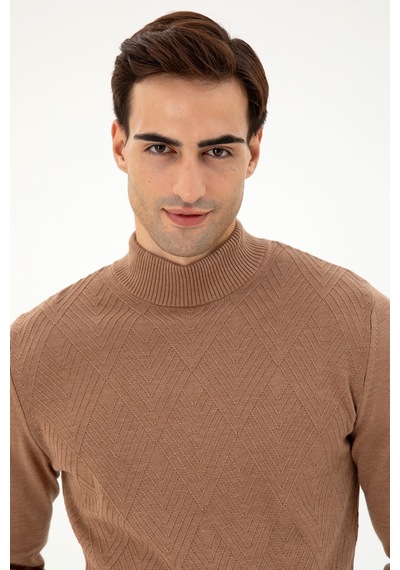 U.S. Polo Assn. Erkek Slim Fit Yarım Balıkçı Yaka Camel Melanj Kazak 50297038-VR122