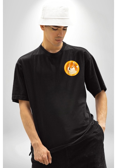 Doge Coin Siyah Oversize Unisex Ön Sol Yan Minimal Baskılı Tişört Koyu Siyah