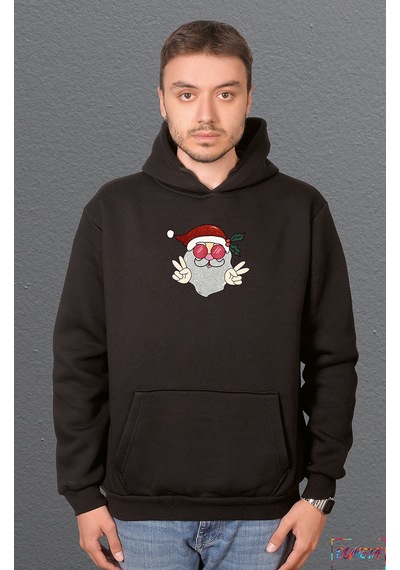 Bumeta Yılbaşı Santa Noel Baba Peace Sweatshirt Unisex Kapüşonlu Hoodie Siyah