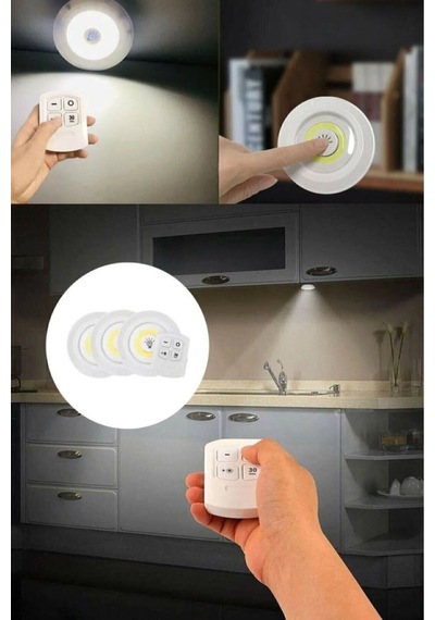 Sl-1070 - Uzaktan Kumandalı 3 Lü Spot Led Lamba Kablosuz Pilli Işıldak Mutfak Rafı Işığı Dolap Işığı Sarı