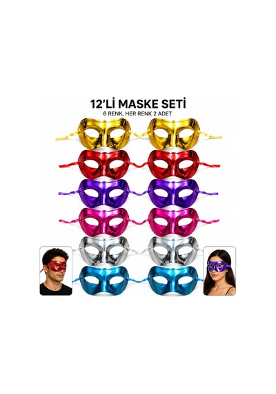 Metalik Venedik Parti Maskesi Seti 12 Adet 6 Renk