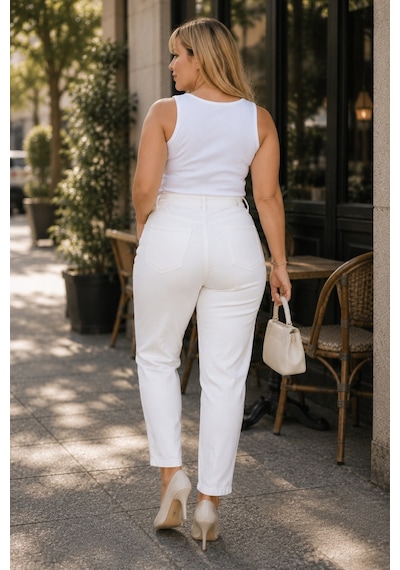 Cedy Denim Mom Fit Jean Büyük Beden Yüksek Bel Carrot Kesim Dar Paça Pileli Esnek Kot Pantolon C600 Beyaz-300