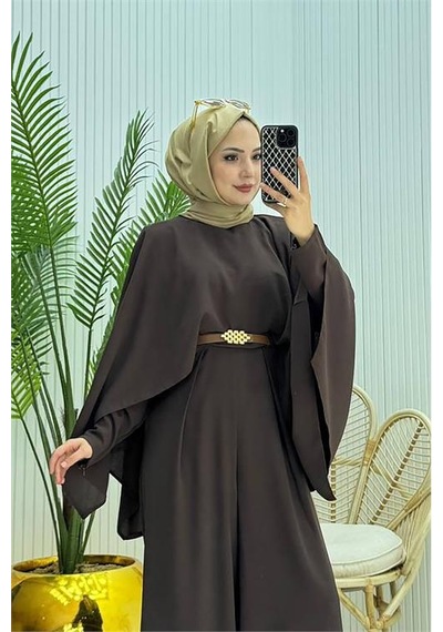 Neşeli Butik Kadın Pelerinli Kemer Detaylı Tesettür Tulum Nms061 Kahverengi