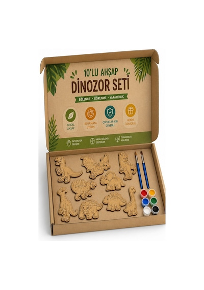Ahşap Boyama Dinozor 10 Lu 1 Paket 10x15cm Ahşap Boyama 6 Renk Boya Resim Fırçası Etkinlik Çocuk Gelişim Motor Beceri