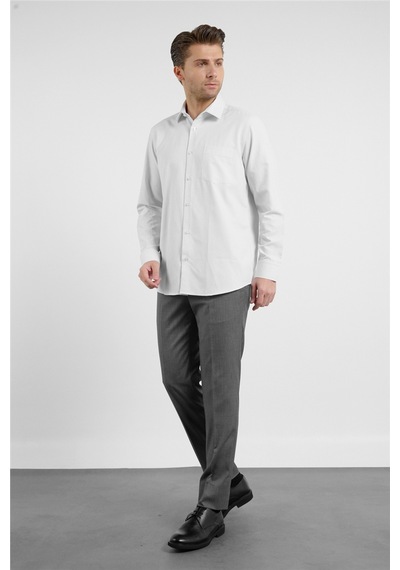 İmza Bej-beyaz Kendinden Desenli Sert Yaka Uzun Kol Cepli Comfort Fit Pamuklu Gömlek 1004255226 K.bej - Beyaz
