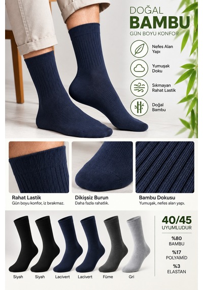 Westicgiyim Bambu Çorabı 6 Lı Asorti Paket Lastiksiz Sıkmayan Erkek Çorap 40-45 Çok Renkli Westicgiyim Bambu Çorabı 6 Lı Asorti Paket Lastiksiz Sıkmayan Erkek Çorap 40-45 Çok Renkli