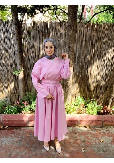 Butik Moda Etkm003 Üstü Bağlamalı Eteği Yandan Fermuarlı Takım Pembe 001