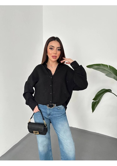 Hopıan Kadın Siyah Taş Baskılı Keten / Dokulu Oversize Gömlek