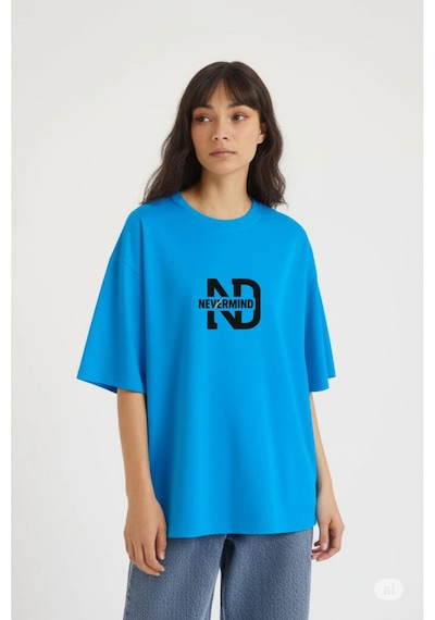 Oversize Tişört Kadın "nevermınd" Baskılı Geniş Kalıp T-shirt U Mavi