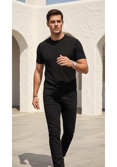 Plus Scorpion Erkek Slim Fit Triko Tişört Bisiklet Yaka Çizgili Modern Şık Tasarım Siyah