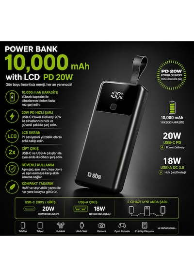 Sbs 10000 Mah Powerbank Dahili Usb-c Kablolu Lcd Ekranlı Pd 20w Hızlı Şarj Usb-a 22.5w Siyah 10.000 Mah