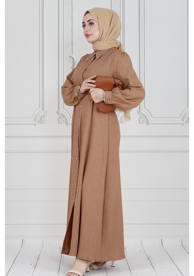 Sevitli İnci Çakım Önü Düğmeli Keten Elbise-camel-3615-camel Camel