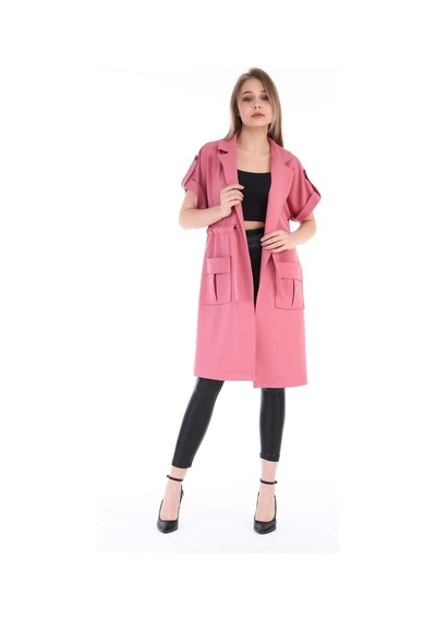 Mono Yaka Beli Tünelli Cepli Apoletli Kısa Kollu Pembe Yelek