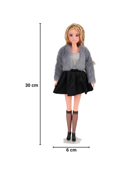 Good Girl 30 Cm Kürklü Ceketli Ve Çizmeli Moda Bebeği - Şık Aksesuarlı Manken Oyuncak Bebek Gri Siyah