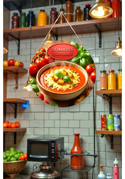 Domates Çorbası Görselli İpli Mdf Ahşap Kapı Duvar Süsü, Restoran, Mutfak Dekoratif Tablo