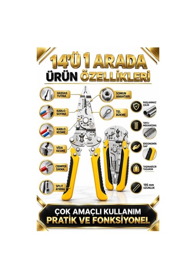 14 Ü 1 Arada Çok Amaçlı Hibrit Pense Kablo Soyma Kesme Crimper Te