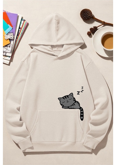 Uyguntarz Unisex Uyuyan Kedi Baskılı Kapüşonlu Sweatshirt Bej