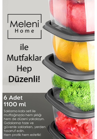 Meleni Home Kare Erzak Gıda Saklama Kabı Mikrodalga Derin Dondurucu Saklama Kabı Antrasit 6 Adet 1100 ML Gri