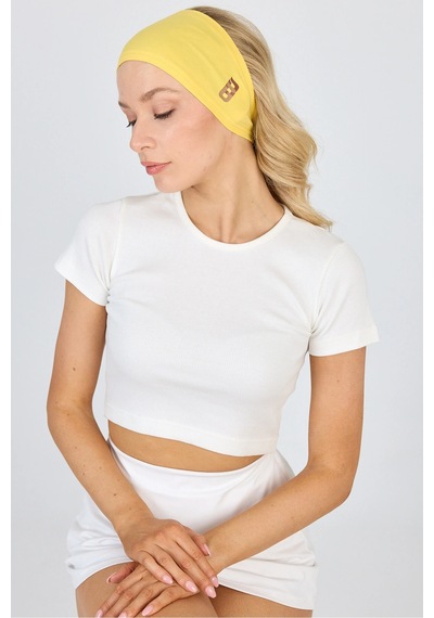 Beyaz Kısa Kol Bisiklet Yaka Vücuda Oturan Kaşkorse Crop + Bandana Set %100 Pamumklu, Esnek Rahat Sarı