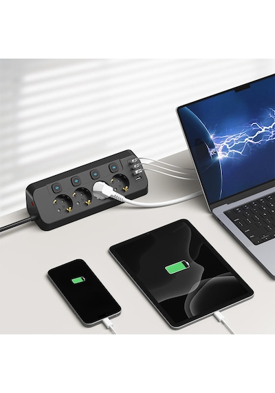 Akım Korumalı 4 Lü Priz 3680w 2 Usb-a + 2 Type-c Bireysel Anahtarlı Aşırı Yük & Isı Korumalı Çoklu Priz 2 M