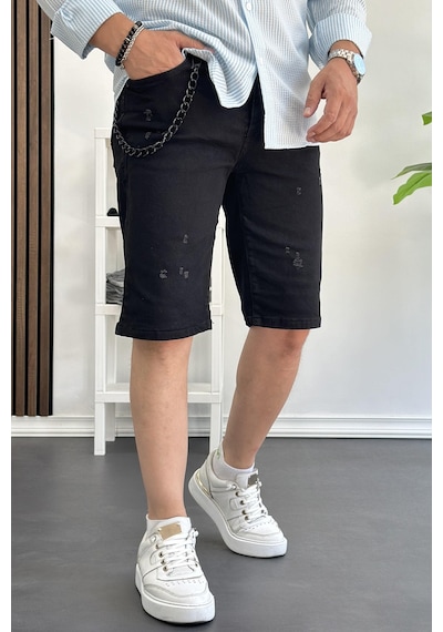 Erkek Slim Fit Likralı Kot Şort Siyah Edw166-siyah Siyah