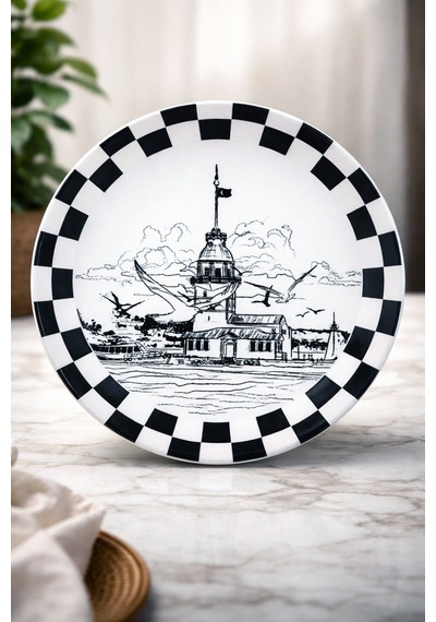 Grandora Istanbul Temalı 6'lı Kız Kulesi Desenli 20 Cm Pasta Tabağı Seti Şık Sunum Pasta Tatlı Tabakları Siyah-beyaz
