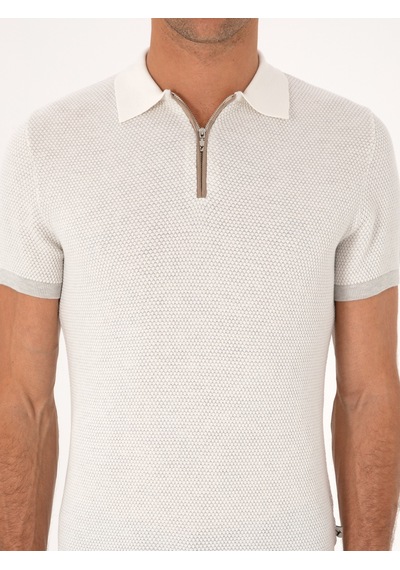Açık Gri Slim Fit %100 Pamuk Fermuarlı Polo Yaka Triko T-shirt