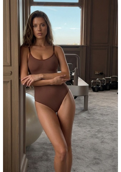 Kadın Slip Elastanlı Vücut Uyumlu Kahverengi Body