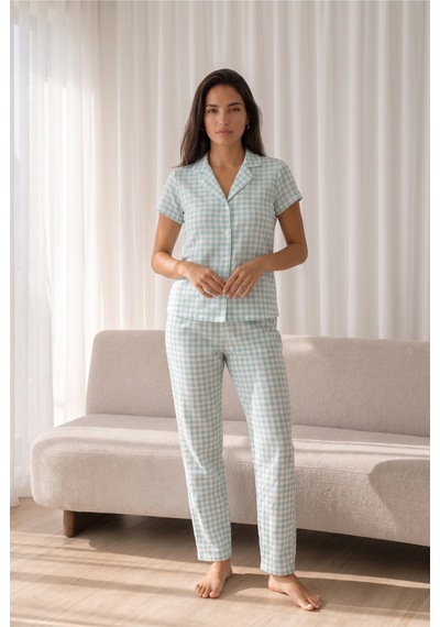 Kadın Loose Uzun Paça Pamuk Su Yeşili Pijama Takımı