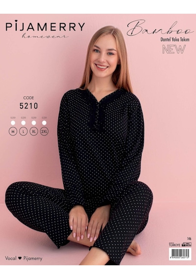 Pijamerry Kadın Bambu Baharlık Dantel Yaka Uzun Kol İnce Pijama Takımı 5210s - 1 Adet Siyah Pijamerry Kadın Bambu Baharlık Dantel Yaka Uzun Kol İnce Pijama Takımı 5210s - 1 Adet Siyah