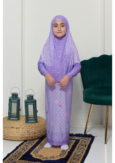 Çocuk Namaz Takımı Pratik İki Parça Desenli Kollu Tak Çıkar Başörtülü Likralı Tesettür Elbise 6-12 Yaş 901-0102 Çok Renkli