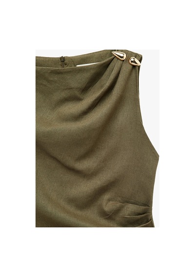 Koton Keten Karışımlı Slim Fit Drapeli Yuvarlak Yaka Metal Aksesuarlı Kolsuz Mini Elbise Kahverengi Koton Keten Karışımlı Slim Fit Drapeli Yuvarlak Yaka Metal Aksesuarlı Kolsuz Mini Elbise Kahverengi