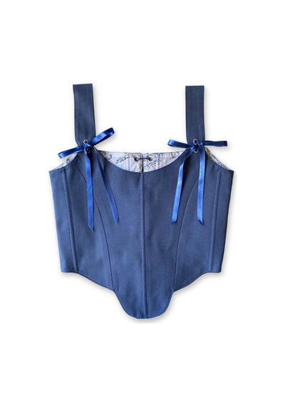 L'aura Corset İndigo Paisley Desenli Çift Taraflı Bayan Korse Lacivert
