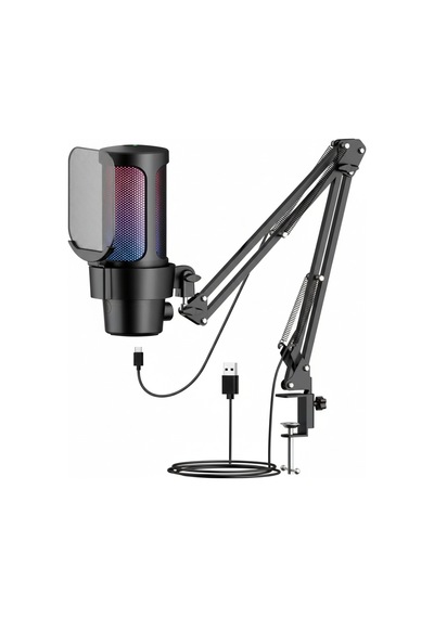Usb Rgb Kondansatör Mikrofon + Boom Kol Stand Seti Mute Tuşlu Gürültü Azaltma Siyah
