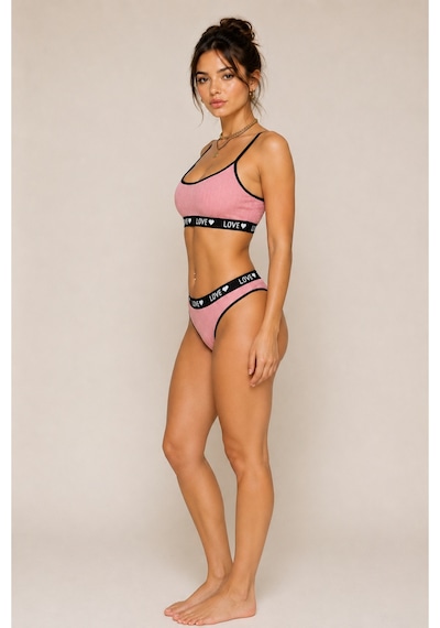 Pijamask Kadın Pembe Fitilli Love Lastik Detaylı Bralet Slip Külot İç Giyim Takımı Pembe