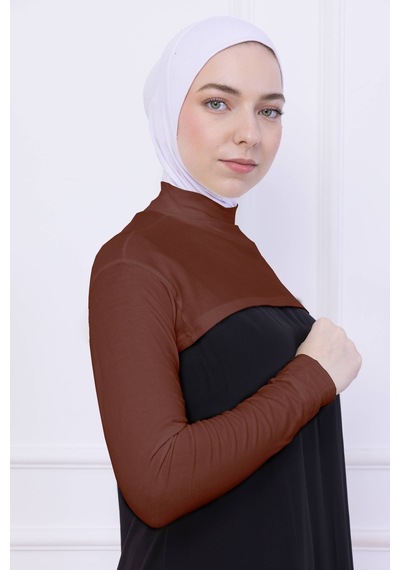 Loggia Balıkçı Yaka Boyunluklu Kolluk Kiremit - Likralı Dik Yakalı Kadın Body Tesettür Crop Bolero Kiremit