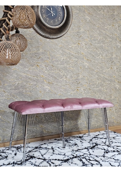 Zafir Metal Krom Tel Ayaklı 100 Cm Puf Bench - Puf - Bench - Oturak - Mutfak Oturağı - Antre Oturağı Pembe