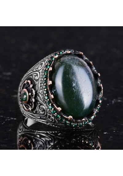 Gerçek Doğal Taş Yüzük - 925 Ayar Gümüş El Yapımı Yüzük Yosun Agate Gümüş