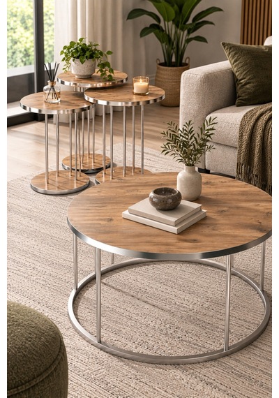 Sulorahome Ceviz Desenli Gümüş Metal Ayaklı 4'lü Sehpa Seti